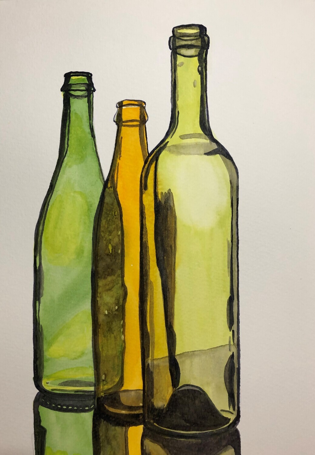 A Still Life of Green Bottles in Watercolour