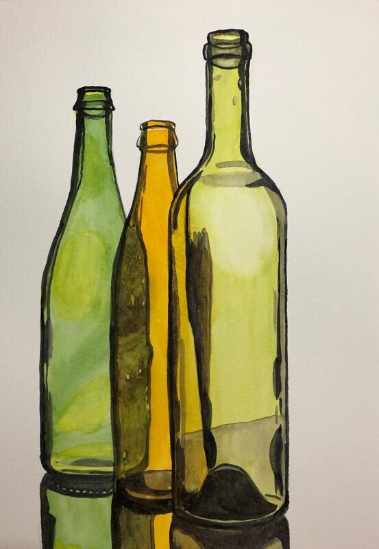 A Still Life of Green Bottles in Watercolour