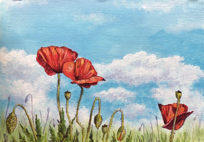 Poppies and Blue Skies in Acrylics