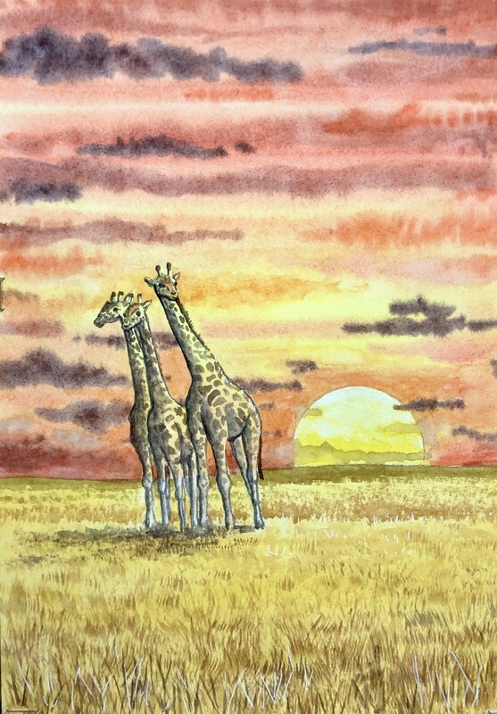 Giraffes at Sunset in Watercolour