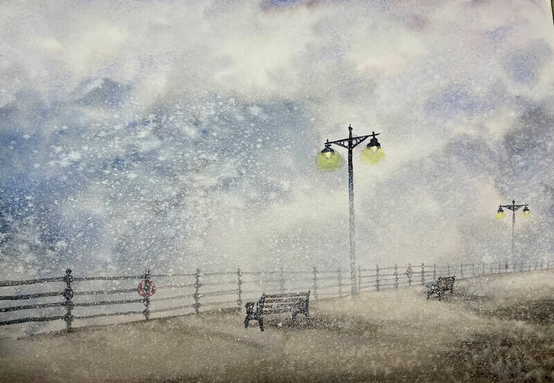 Stormy Sea Crashing Against a Promenade in Watercolour