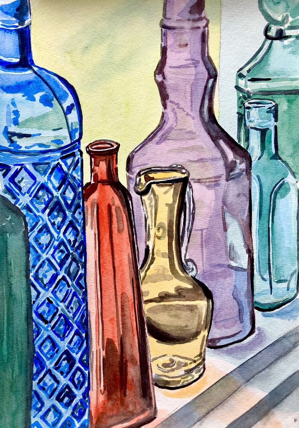 Bright Coloured Glass Bottles in Watercolour