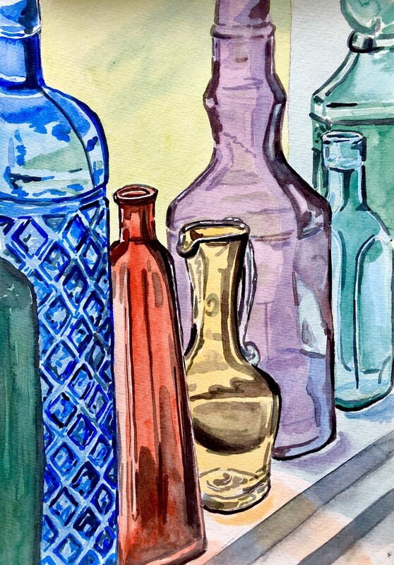 Bright Coloured Glass Bottles in Watercolour