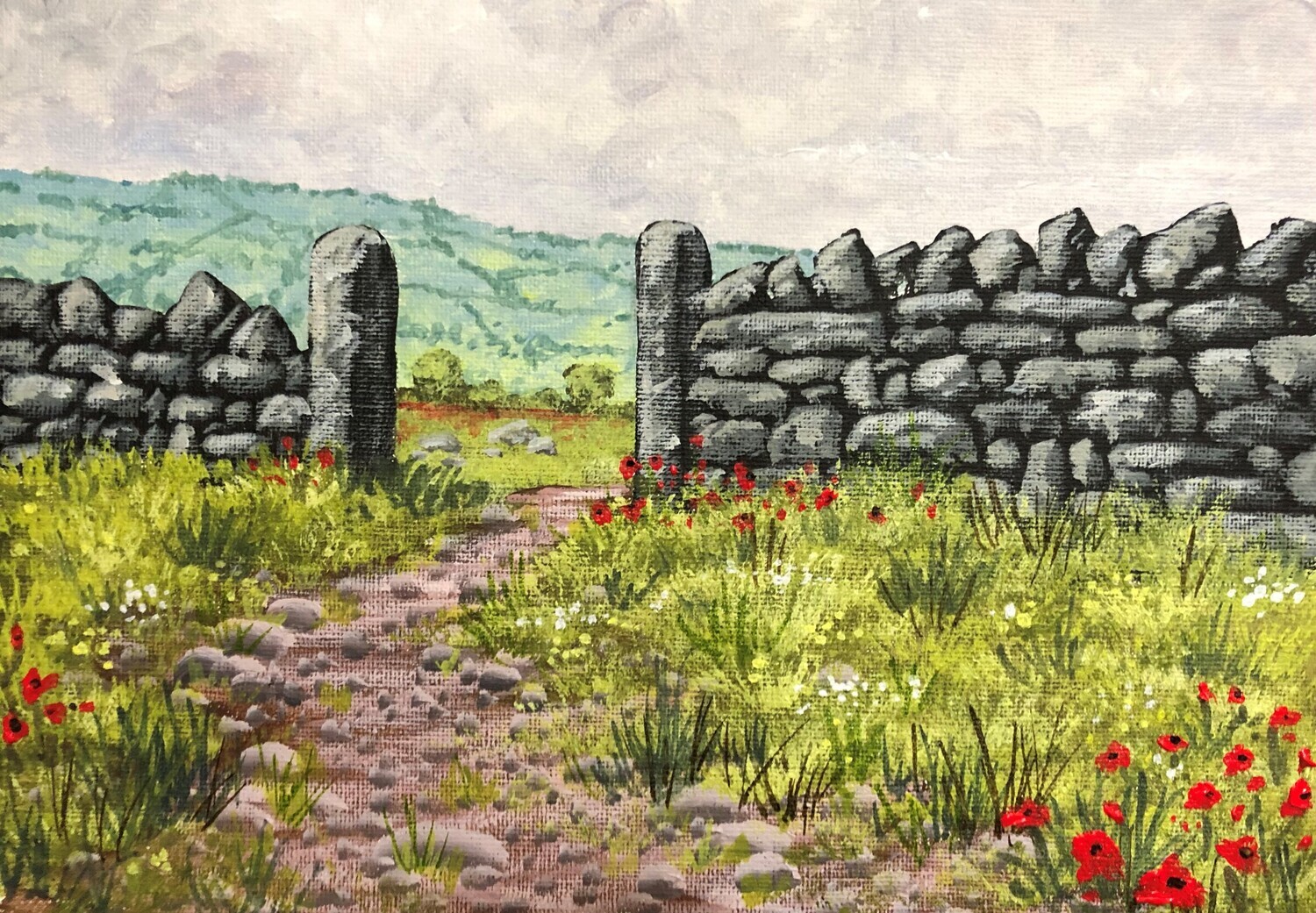 Gatepost and Dry Stone Wall in Acrylics