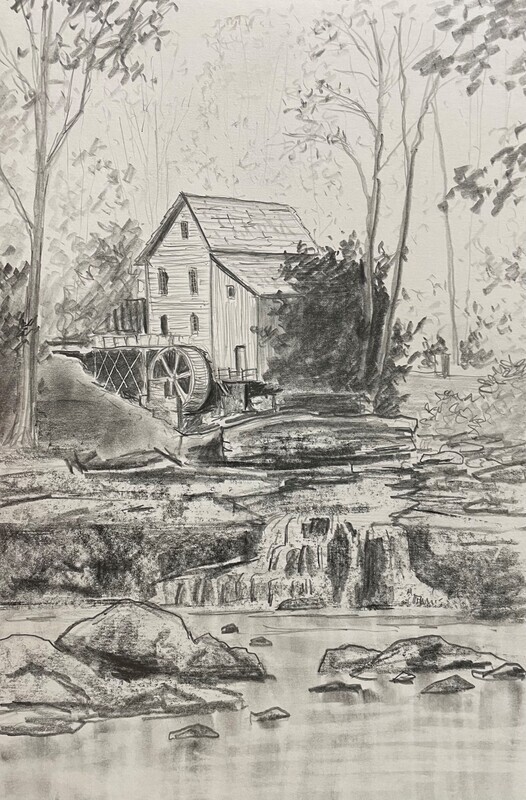 Autumnal Watermill in pencil