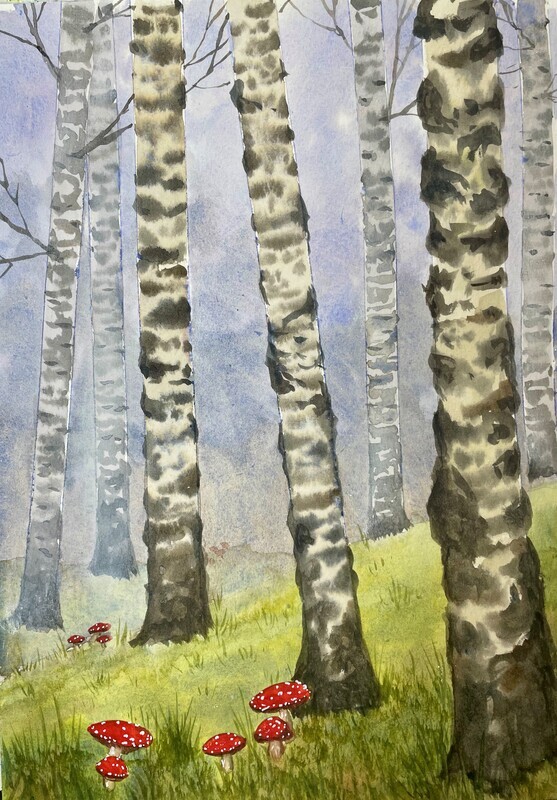 Birch Trees and Toadstools in Watercolour
