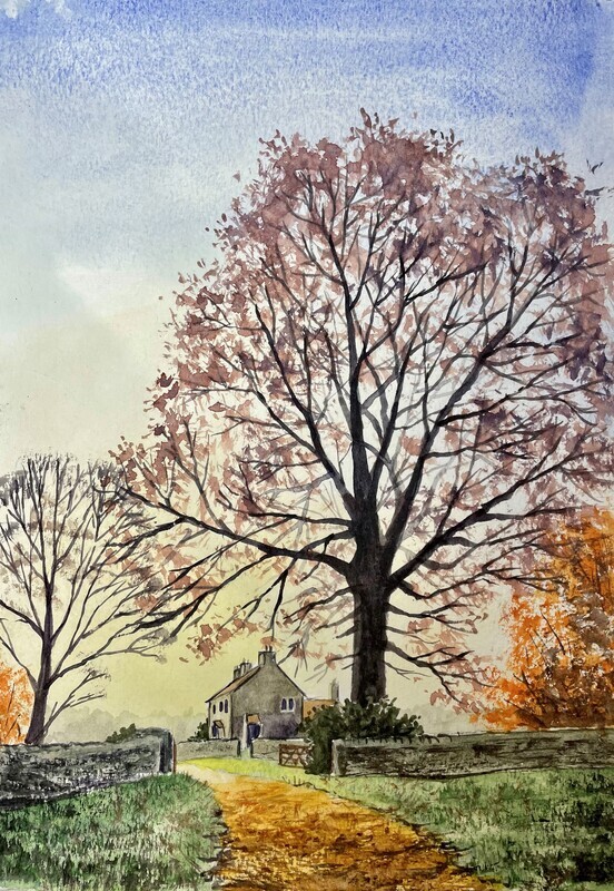 Farm and a Tree in Watercolour