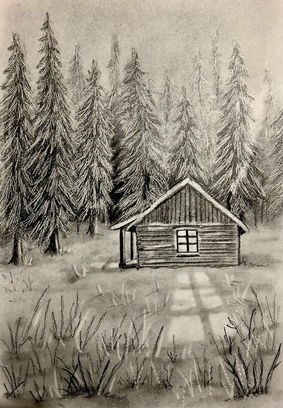 Winter Cabin and Fir Trees in Pencil