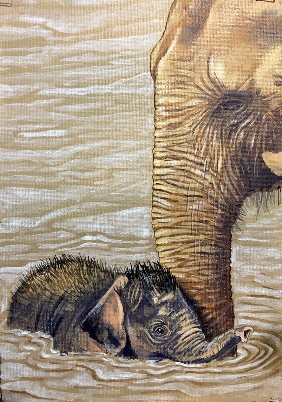 Elephant and Calf in Water in Acrylics