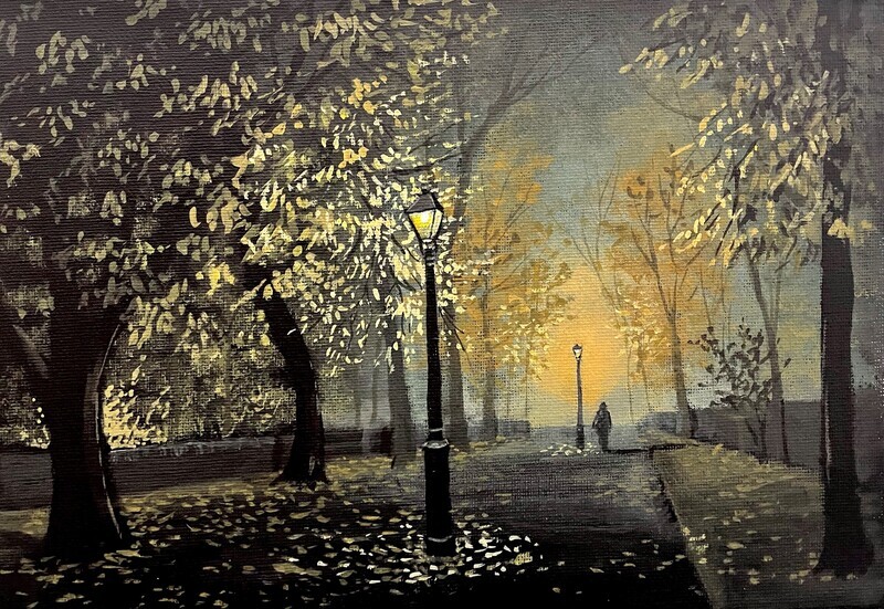 Eerie lamp Lit Park in Acrylics