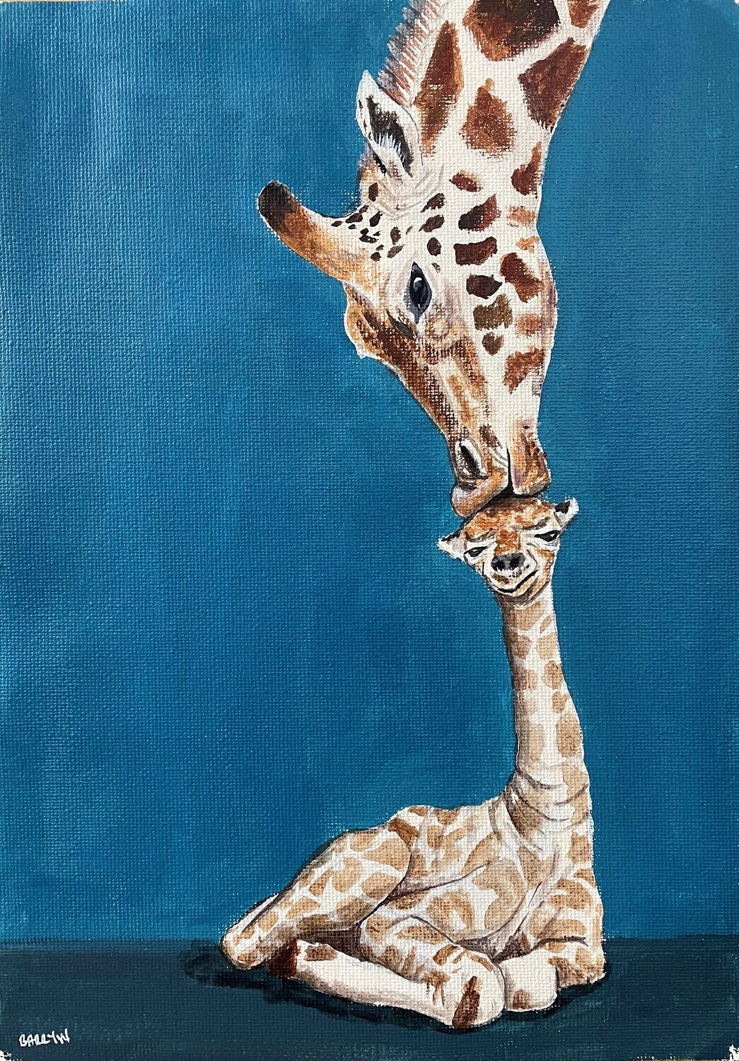 Giraffe Kissing its Baby on the Head in Acrylics