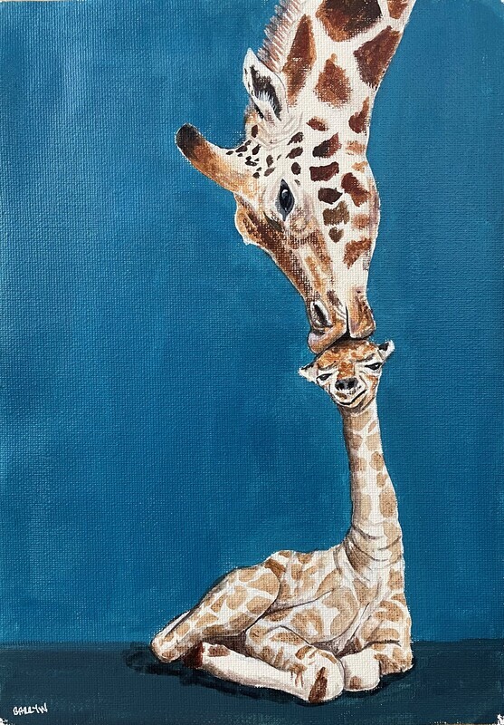 Giraffe Kissing its Baby on the Head in Acrylics