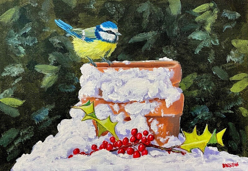 Blue Tit on a Snowy Pot in Acrylics