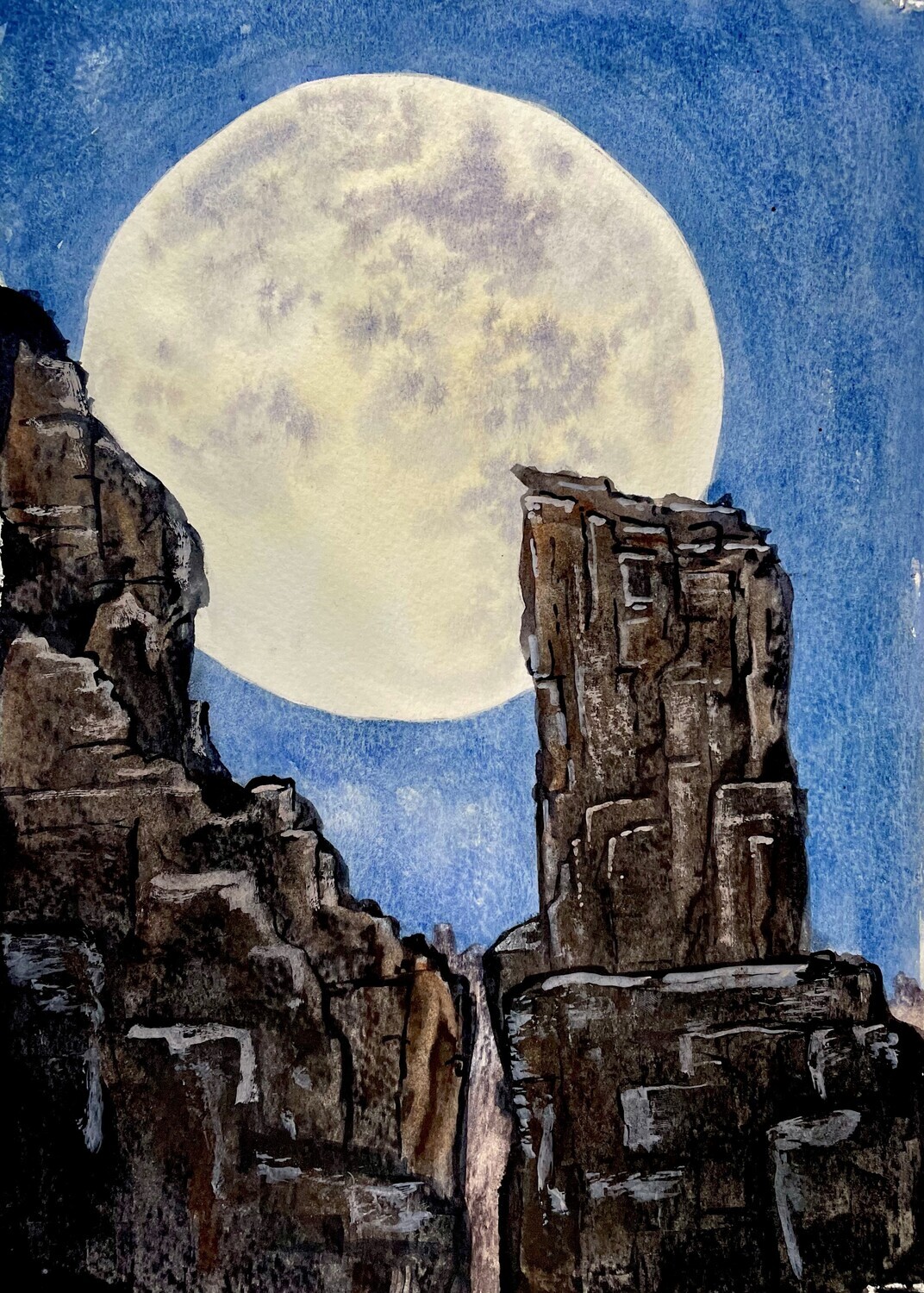 Moon and Rocks in Watercolour