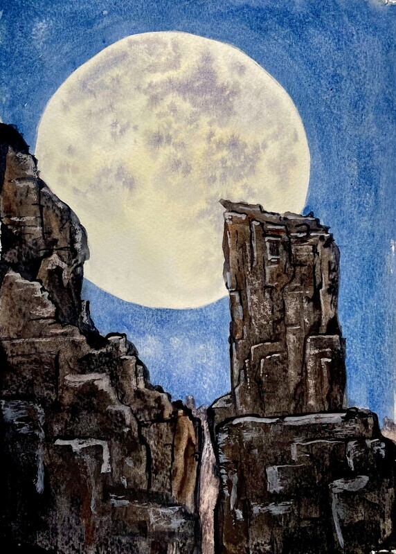 Moon and Rocks in Watercolour