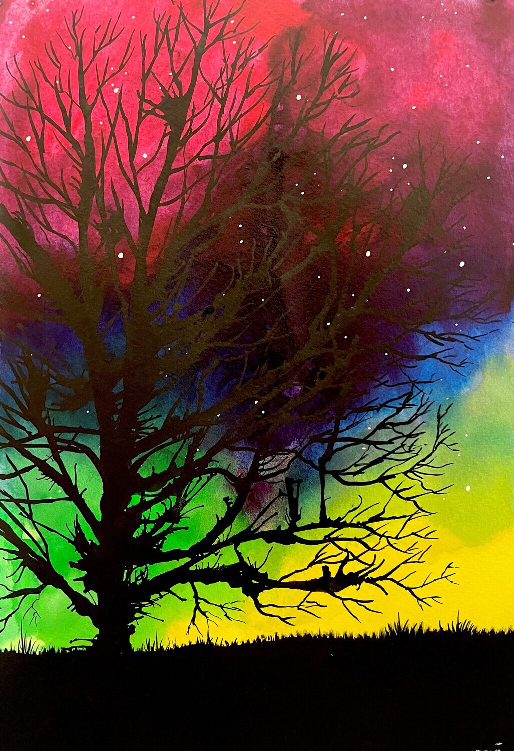 Colourful Night Sky with Tree Silhouette in Inks