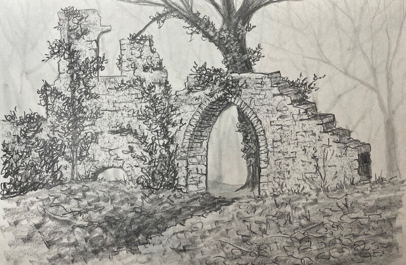 Ruined Archway in the Woods in Pencil