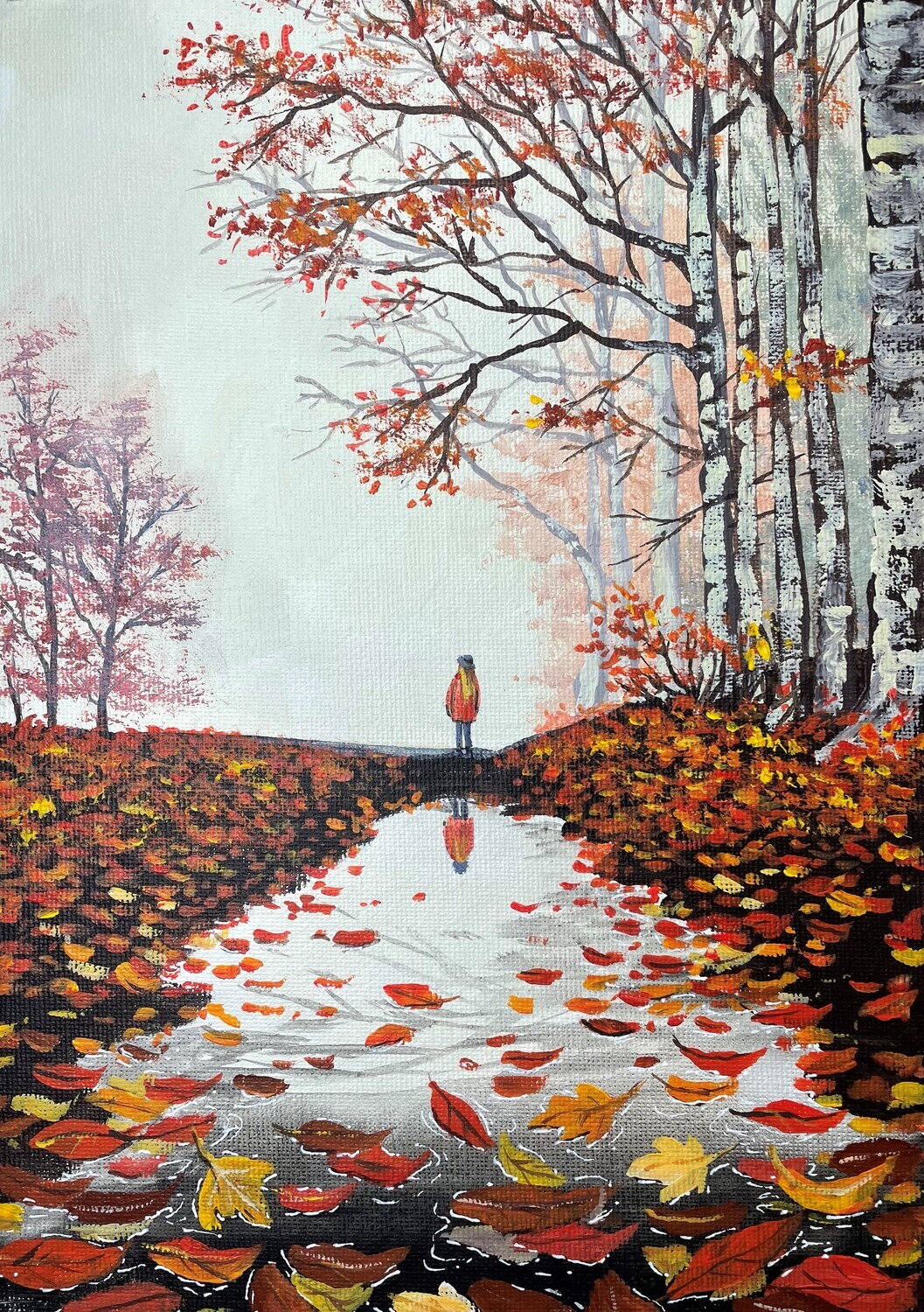 A Figure, Autumn Leaves, and a Puddle in Acrylics
