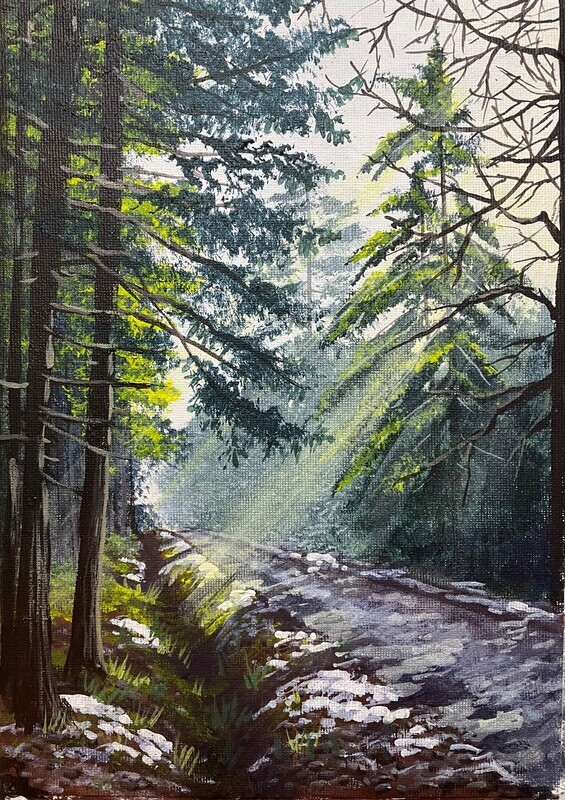 Woodland Walk with Rays of Light in Acrylics