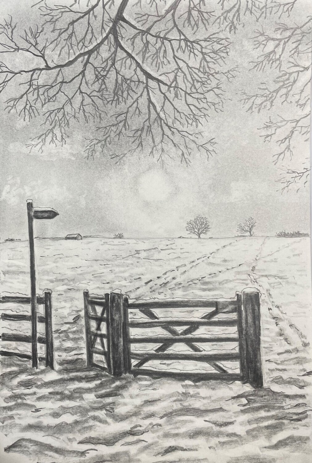 Snowy Hills with a Gate in Pencil