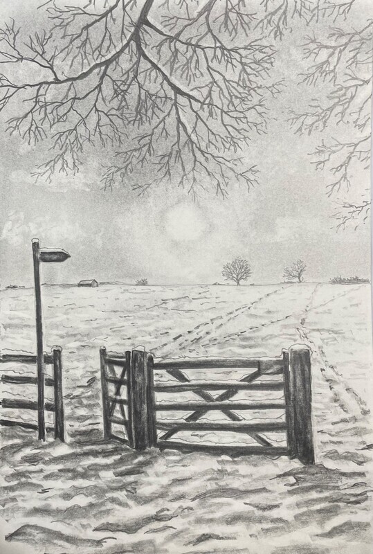 Snowy Hills with a Gate in Pencil