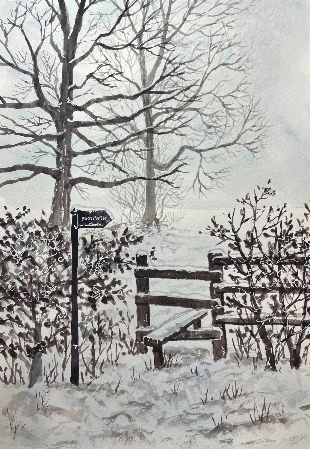 Wintry Walk with Stile in Watercolour