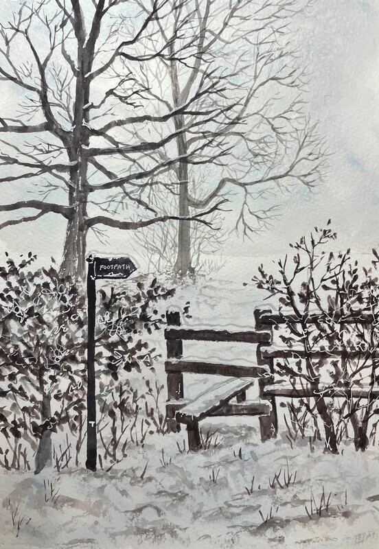 Wintry Walk with Stile in Watercolour