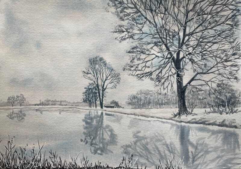 Misty, Frosty Lake in Watercolour