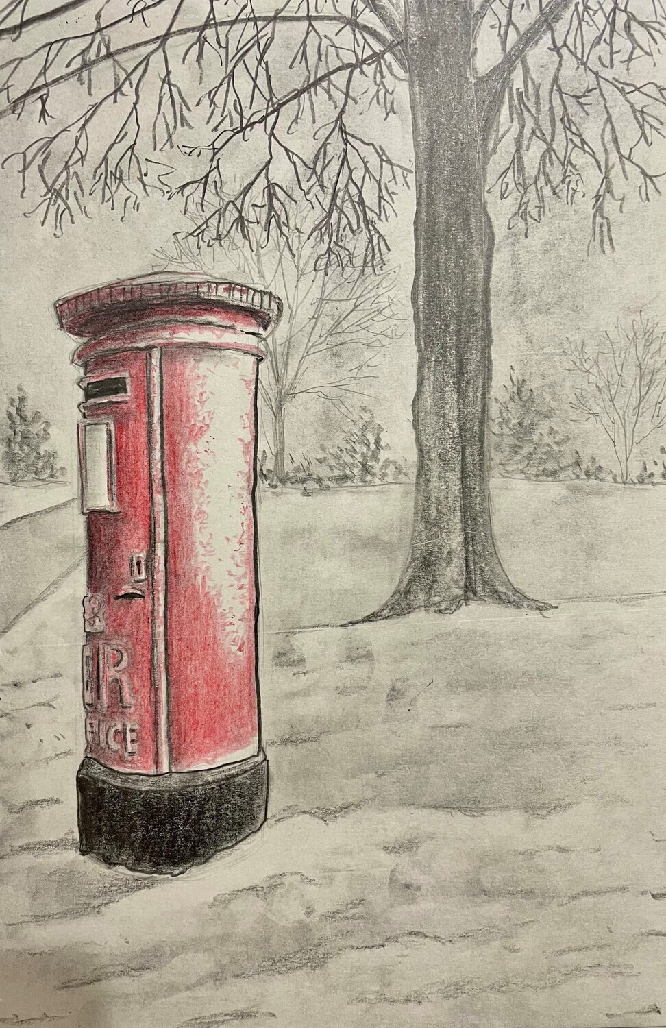 Pillar Box in the Snow in Pencil