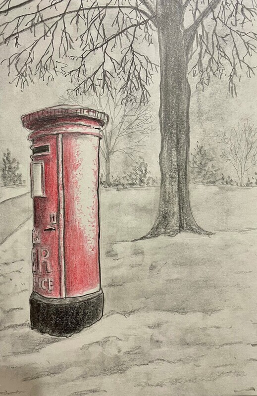 Pillar Box in the Snow in Pencil