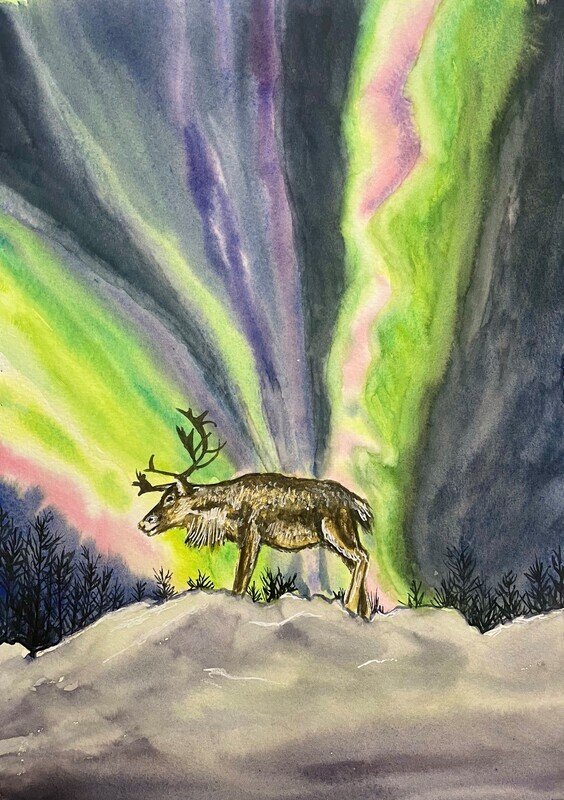 Reindeer and Northern Lights in Watercolour