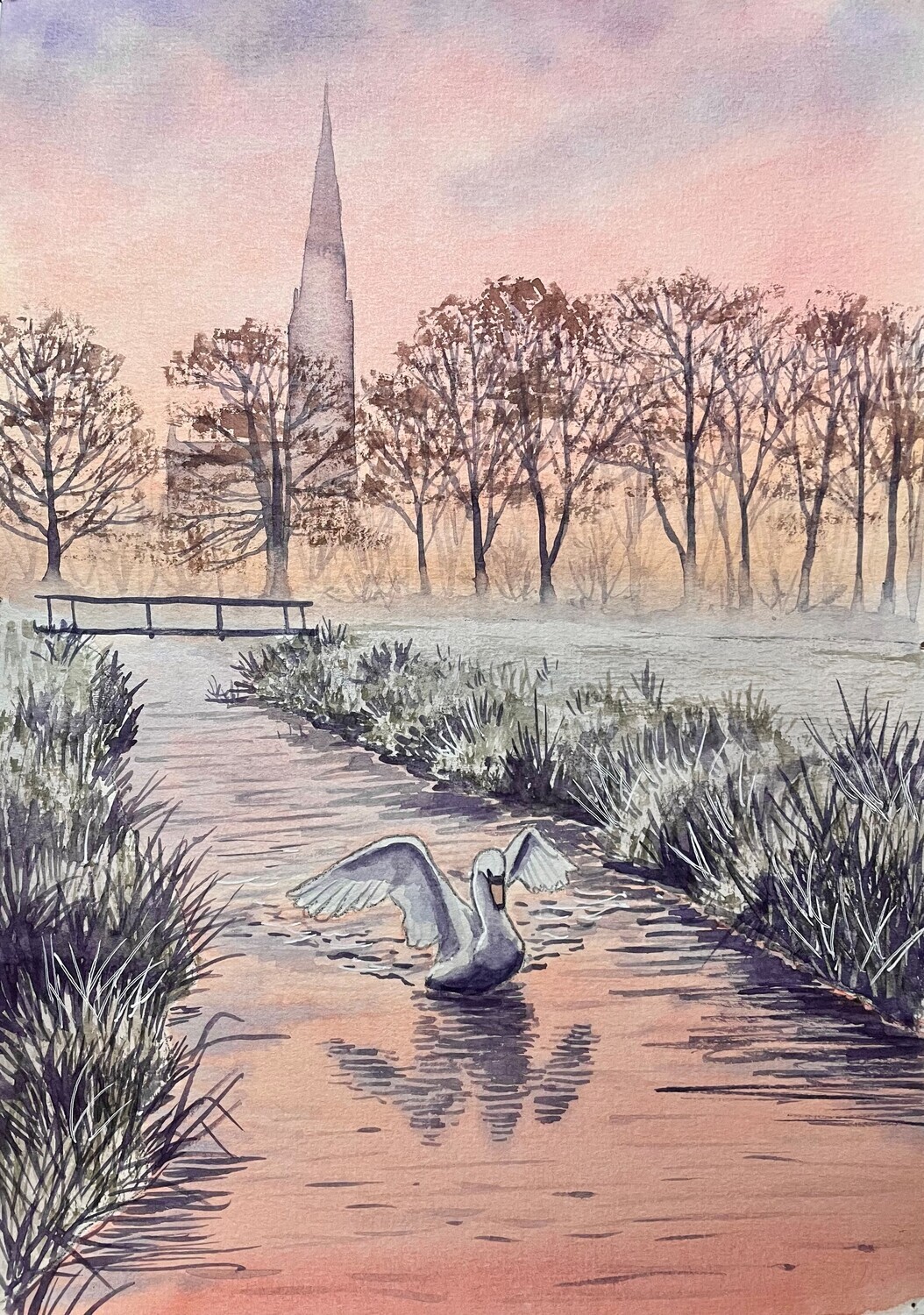 Swan Landing on a River with a Distant Church at Sunset in Watercolour