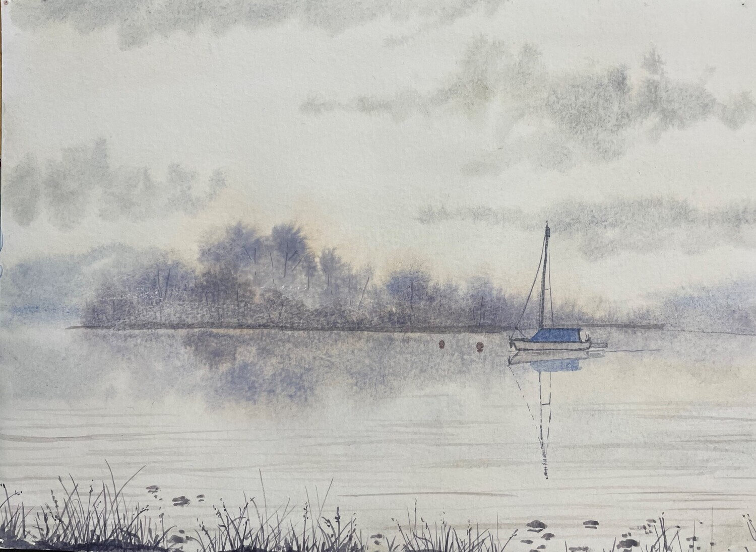 Boat on a Misty Lake in Watercolour