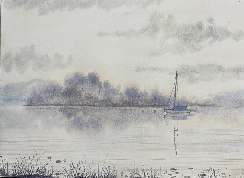 Boat on a Misty Lake in Watercolour