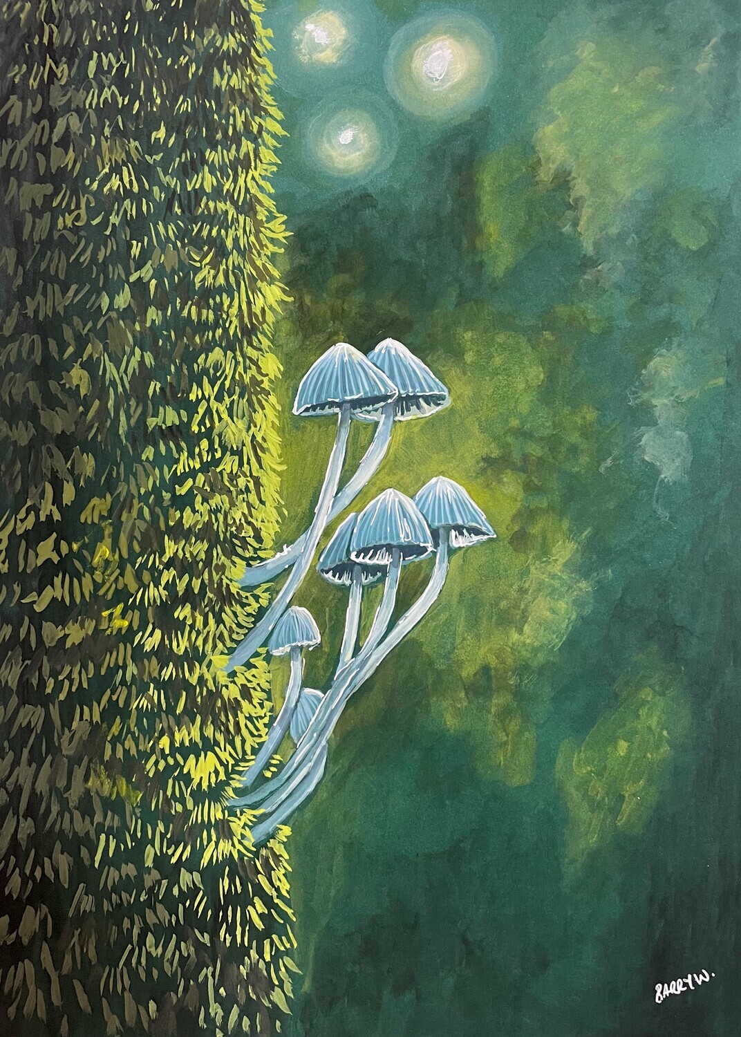 Green Toadstools on a Mossy Tree in Gouache