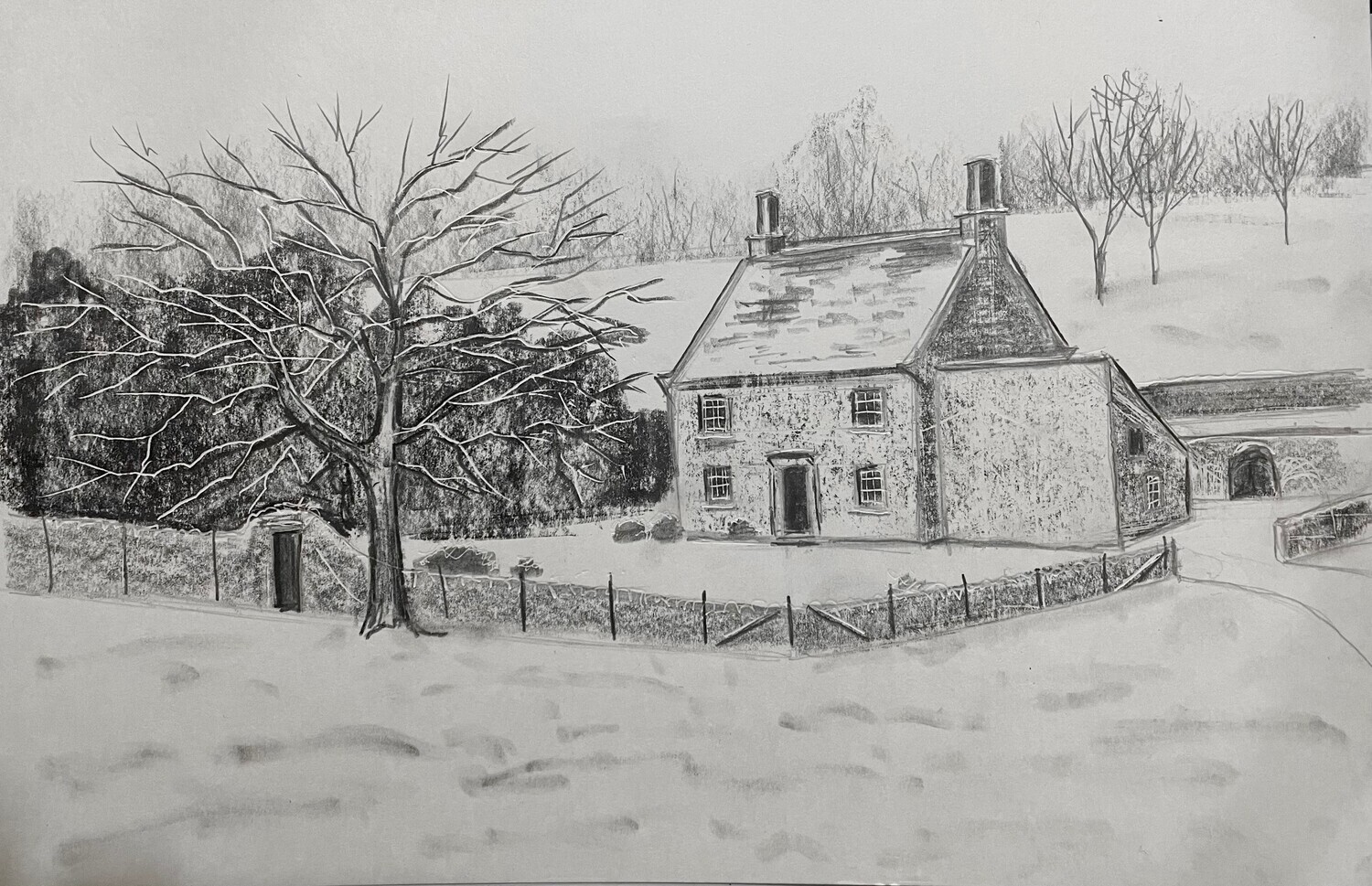 Snowy Cottage at Chatsworth in Pencil