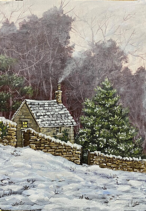 Snowy Cottage in the Cotswolds in Acrylics