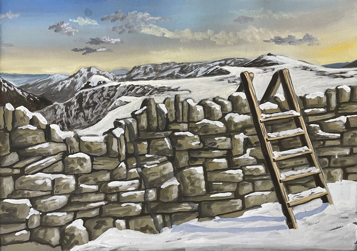 Snowy, Welsh Dry Stone Wall in Gouache