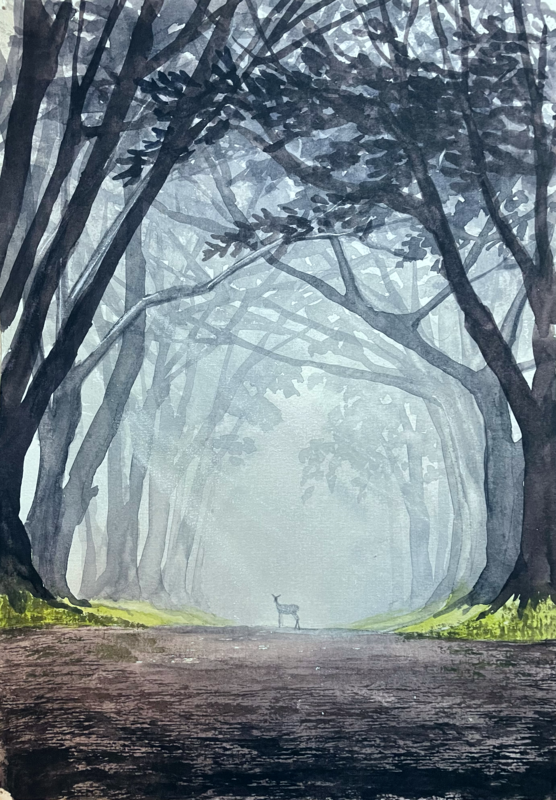 Distant Deer in an Eerie Forest in Watercolour