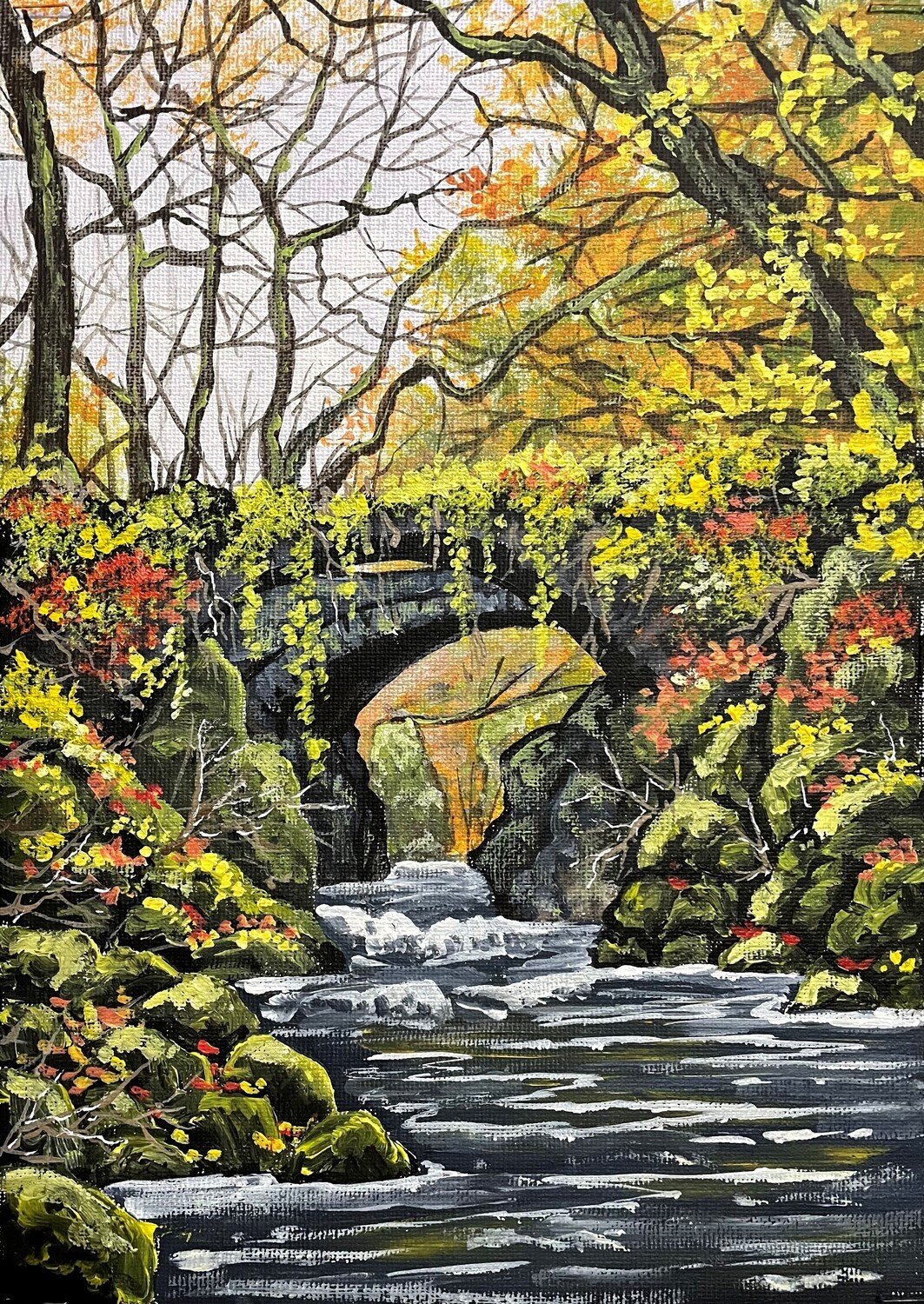 Mossy Bridge Over a River in Acrylics