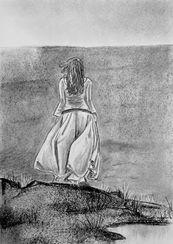 Woman Walking Through a Moor in Pencil