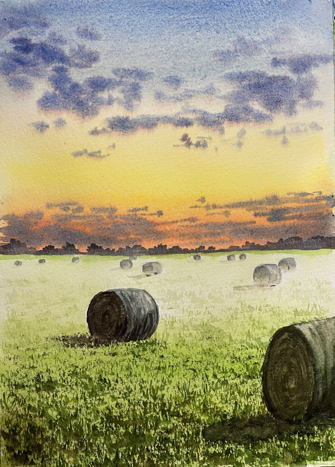 Evening Hay Bales in Watercolour