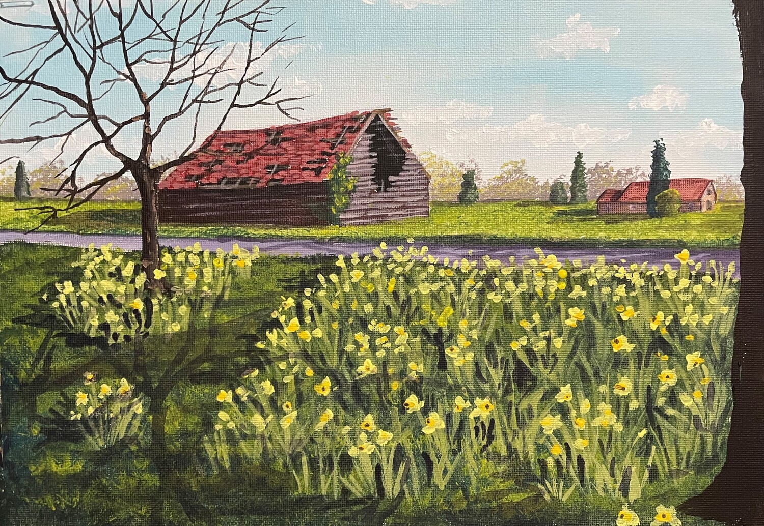 Barn Amongst Spring Flowers in Acrylics