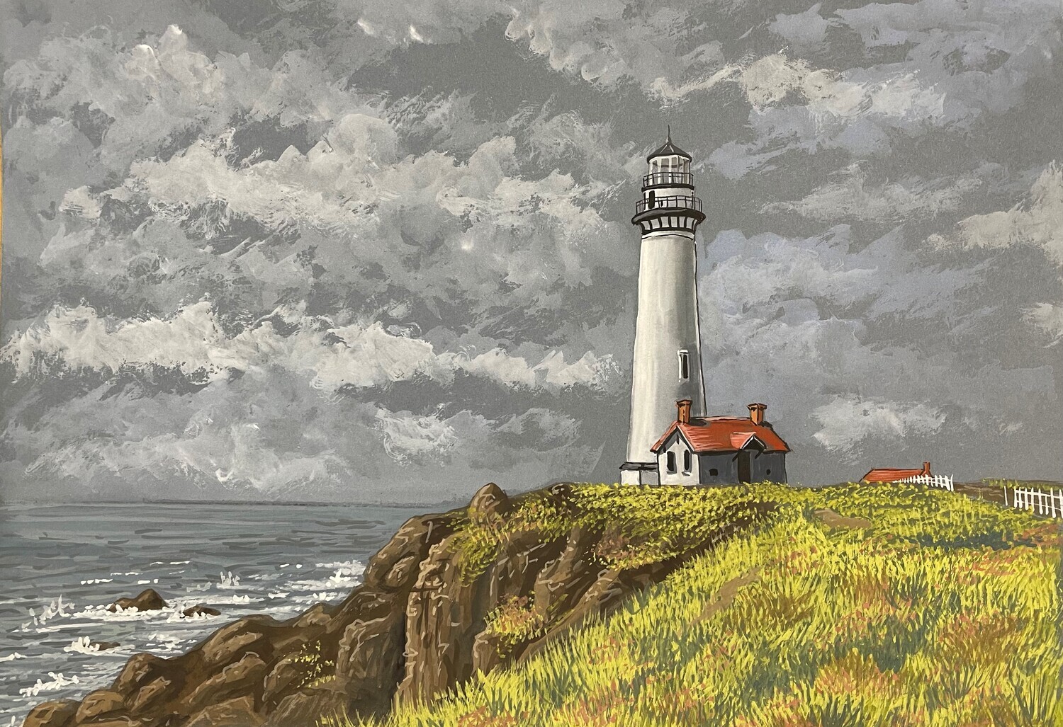 Lighthouse on the Rocks in Gouache