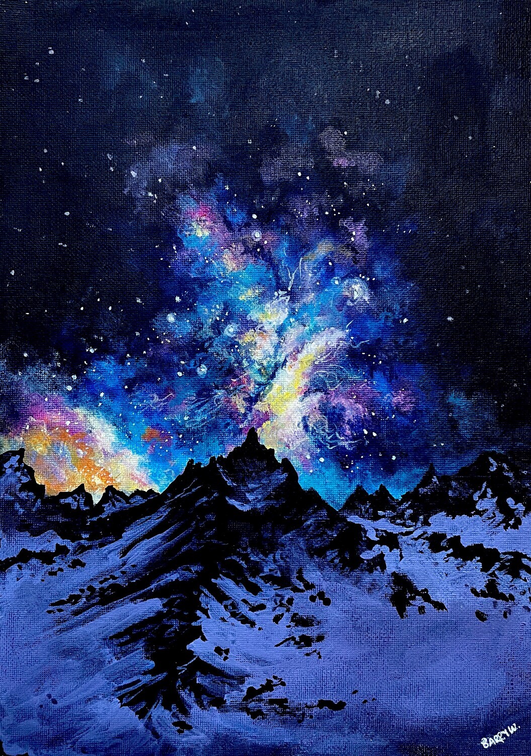 Snowy Mountains with Cosmic Skies in Acrylics