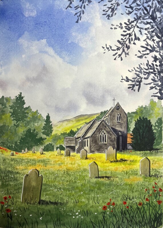 Landscape wit Mid-Distant Church in Watercolour