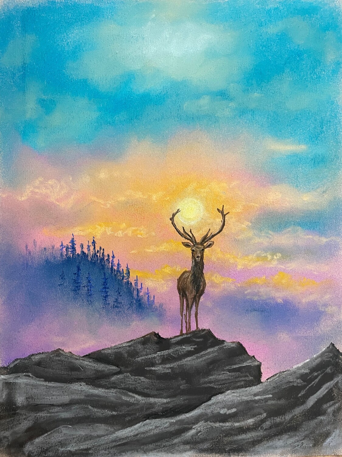Stag on a Mountain at Suset in Pastels