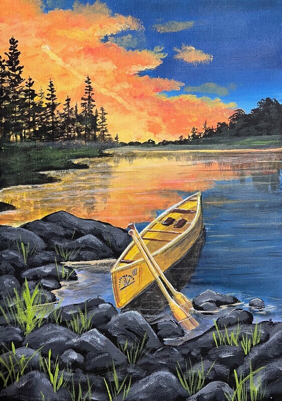 Boat on a Lake&#39;s Edge at Sunset in Acrylics