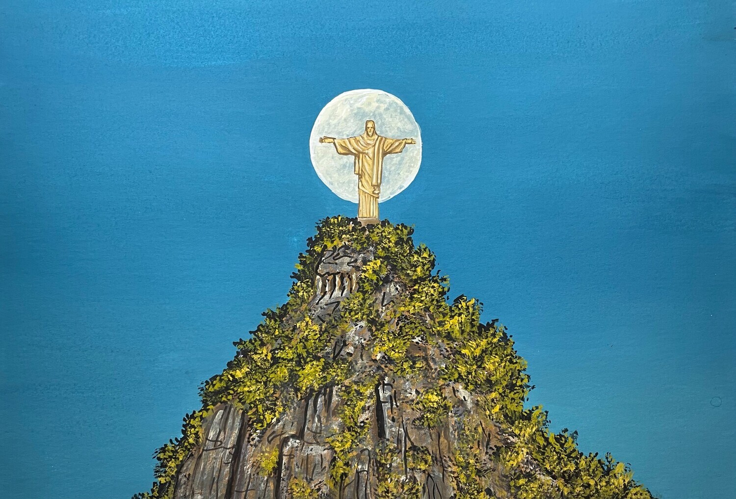 Christ the Redeemer Statue with Moon Behind in Gouache