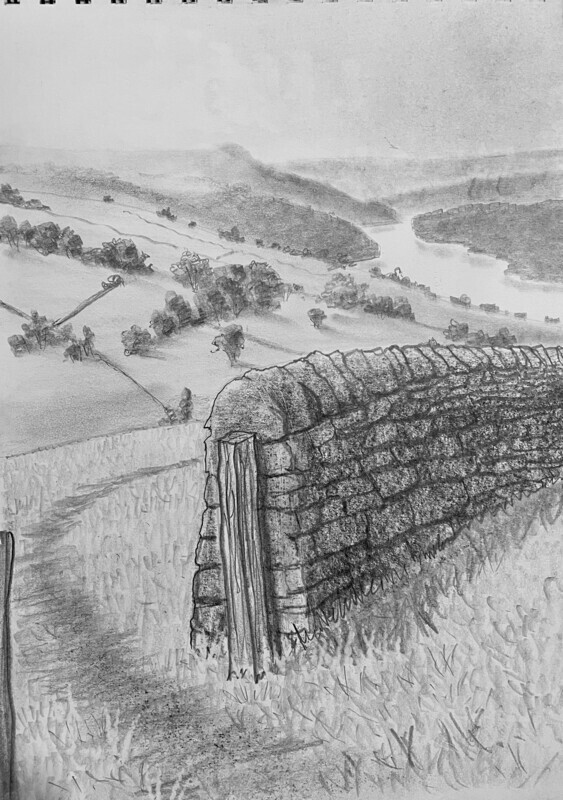 Rural View with Wall in Pencil